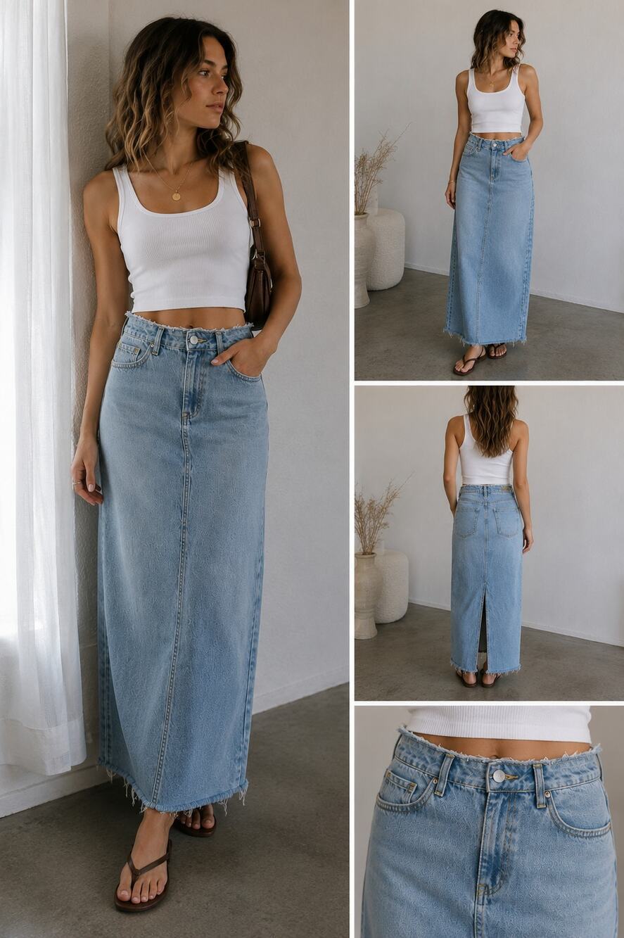 MNG Mango Denim Maxi Skirt Women's Large Raw Hem Front Slit Y2K Minimalist Blue